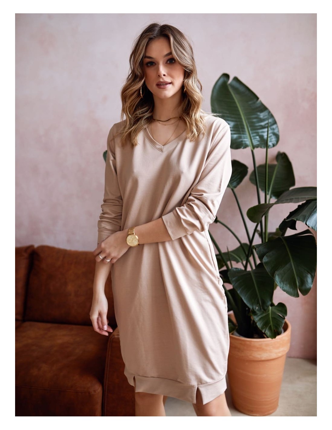 Smooth bauble dress with pockets, beige FI682 - Online store - Boutique